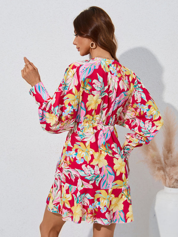 V-Neck And Flare Fit Wrap Flowered