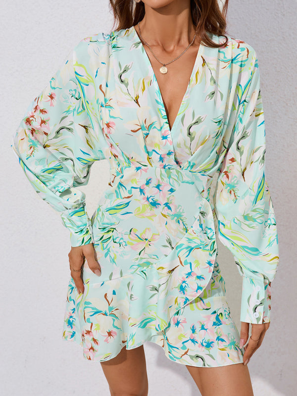 V-Neck And Flare Fit Wrap Flowered