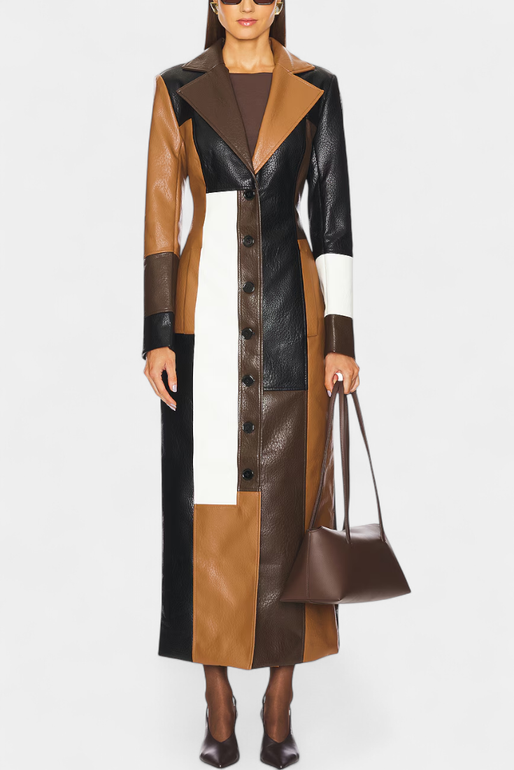 Faux Leather Patchwork Notch Lapel Button Front Longline Coat