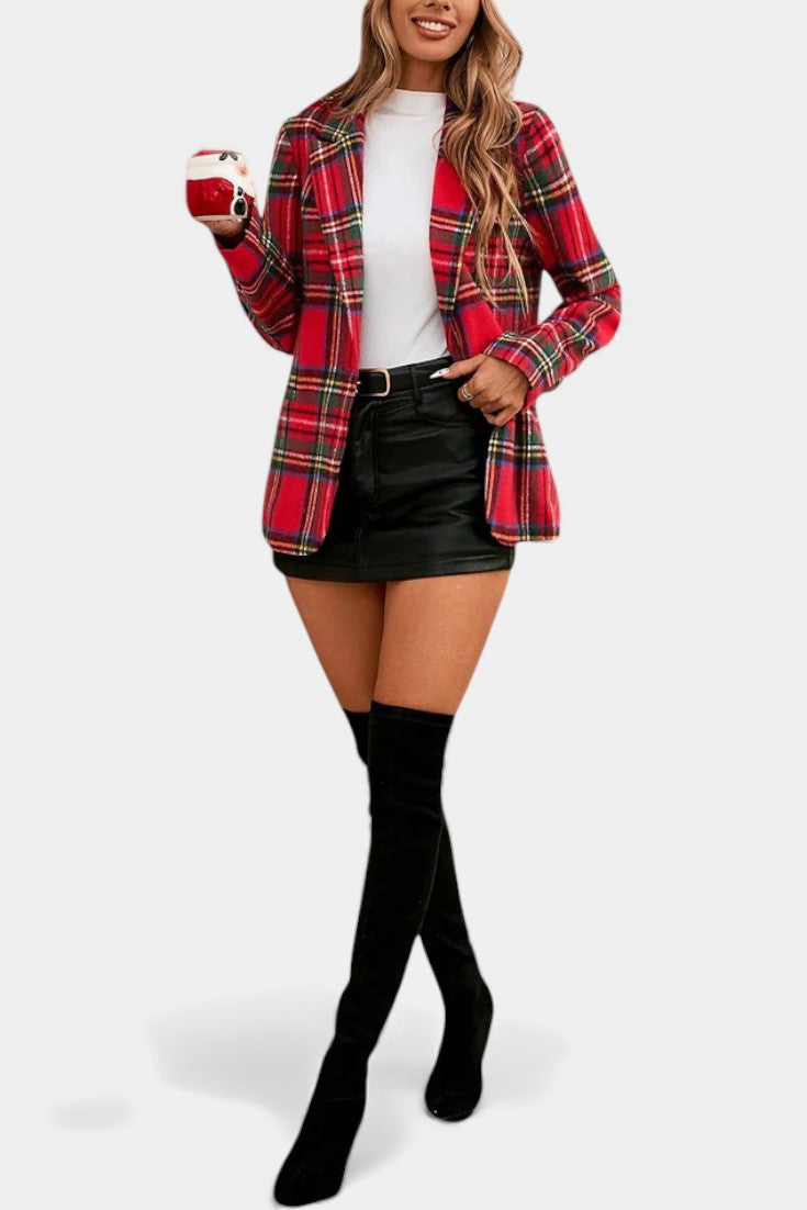 Plaid Notched Lapel Single Button Long Sleeve Blazer 3