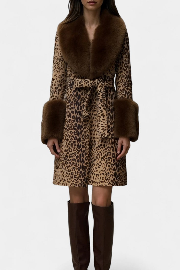 Leopard Print Faux Fur Collar Belted Coat