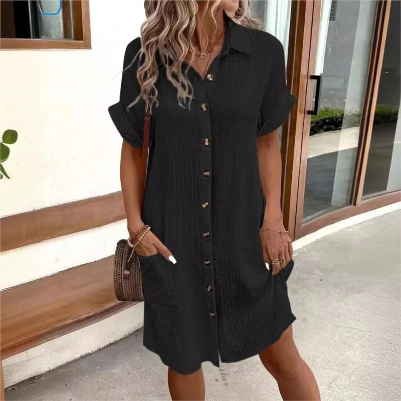 Textured Button Down Short Sleeve Patch Pocket Shirt Dress