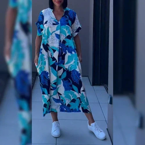 Baroque Print V-Neck Short Sleeve Oversized Midi Dress Summer 3