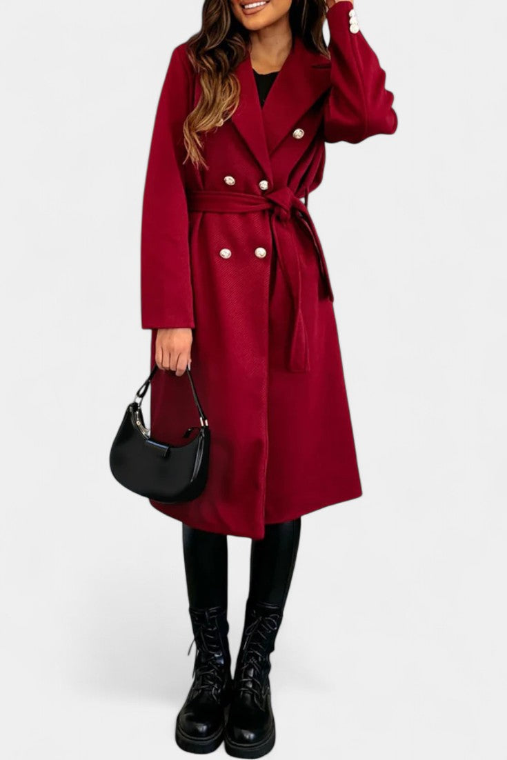 Double Breasted Belted Notch Lapel Longline Coat
