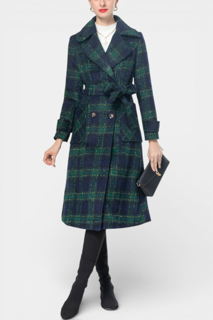 Plaid Notch Lapel Double Breasted Longline Coat 3