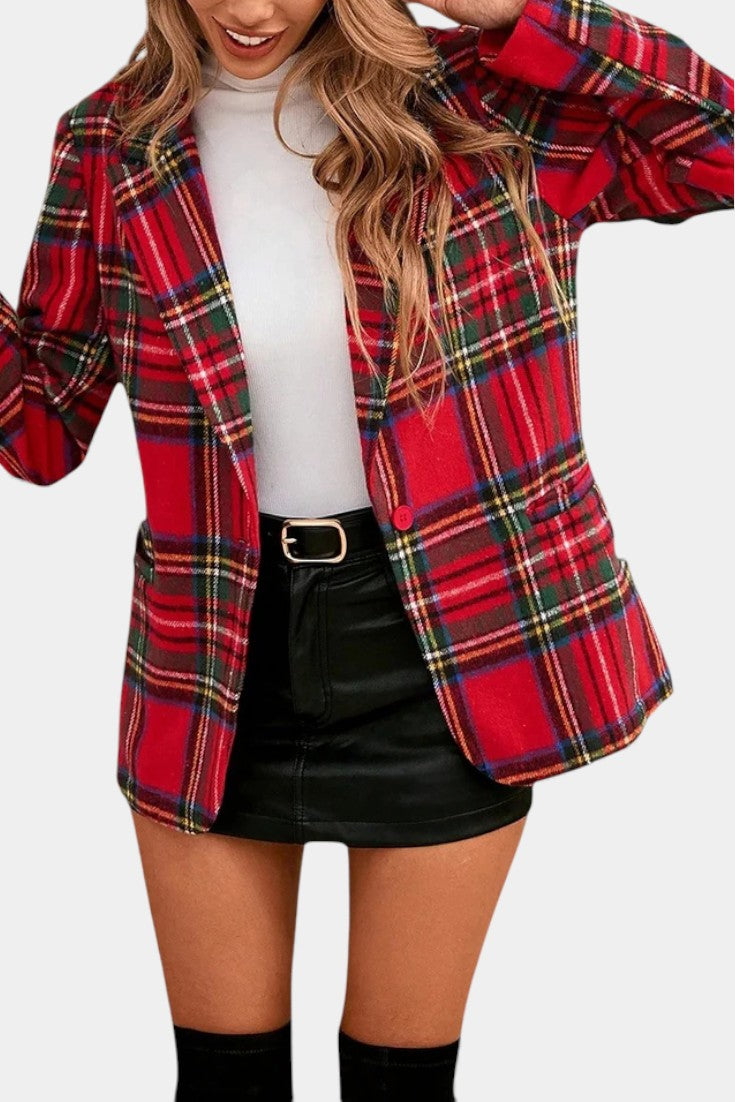 Plaid Notched Lapel Single Button Long Sleeve Blazer 2