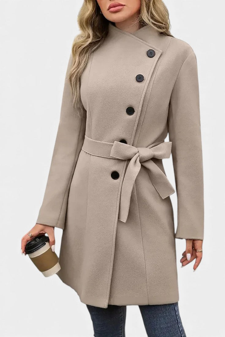 Stand Collar Asymmetric Button Belted Coat