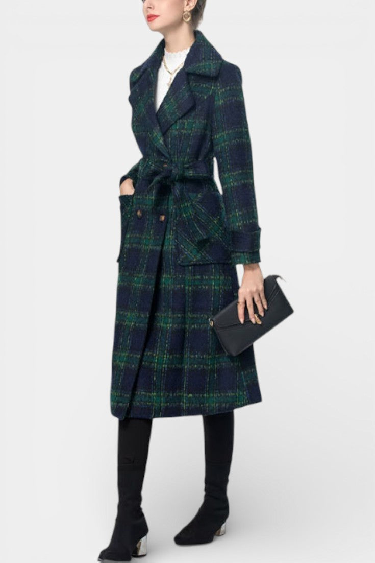 Plaid Notch Lapel Double Breasted Longline Coat 4