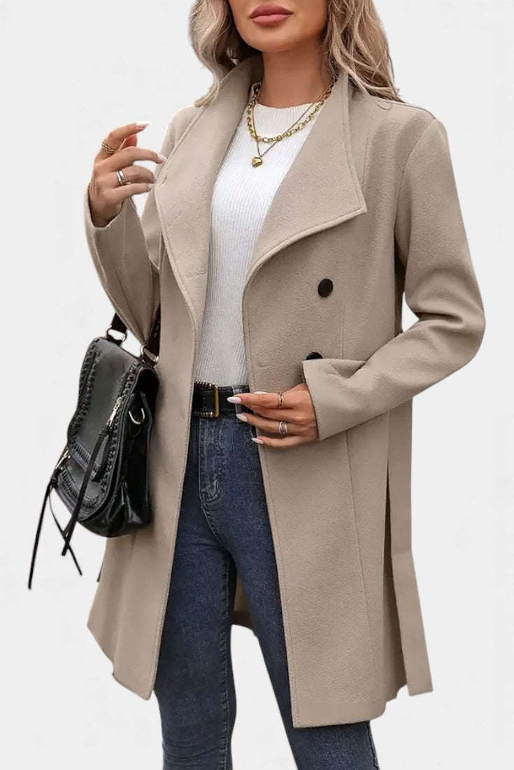 Stand Collar Asymmetric Button Belted Coat 6