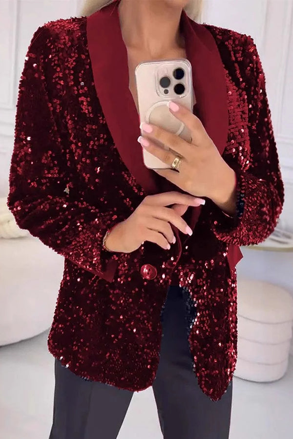 Sequin Shawl Collar Single Button Blazer 2