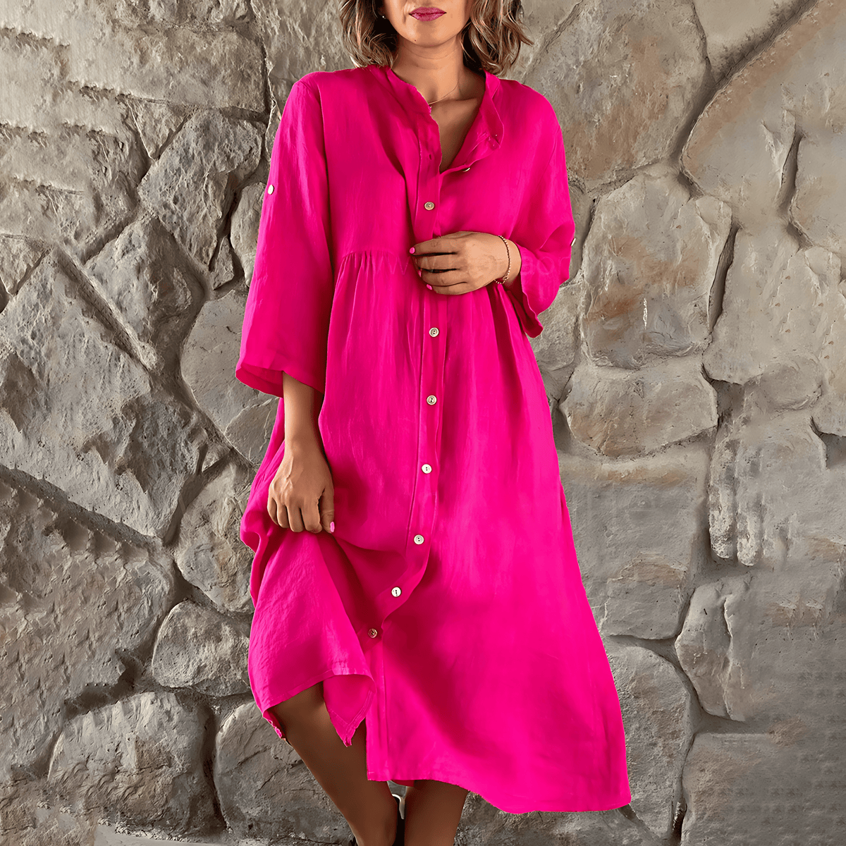 Button Down Roll Tab Sleeve Empire Waist Linen Look Summer Midi Dress