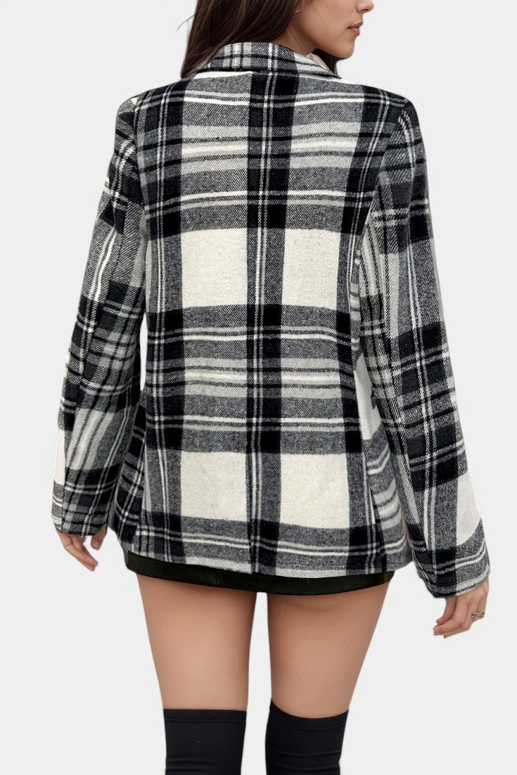Plaid Notched Lapel Single Button Long Sleeve Blazer 6