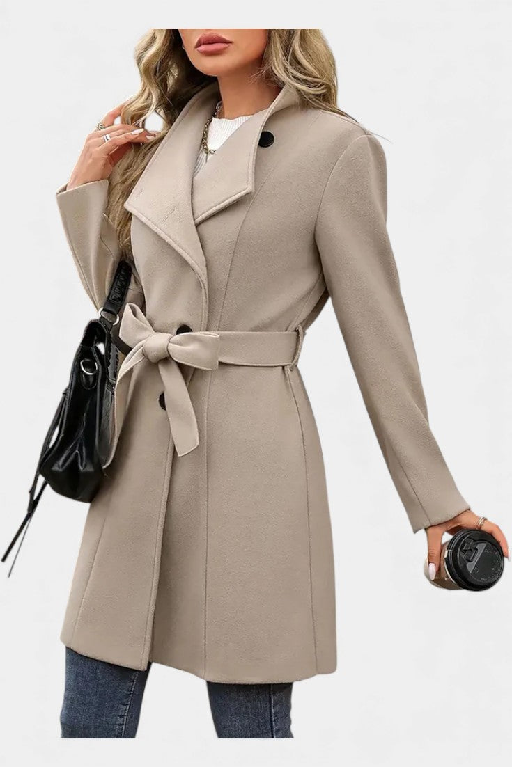 Stand Collar Asymmetric Button Belted Coat 2