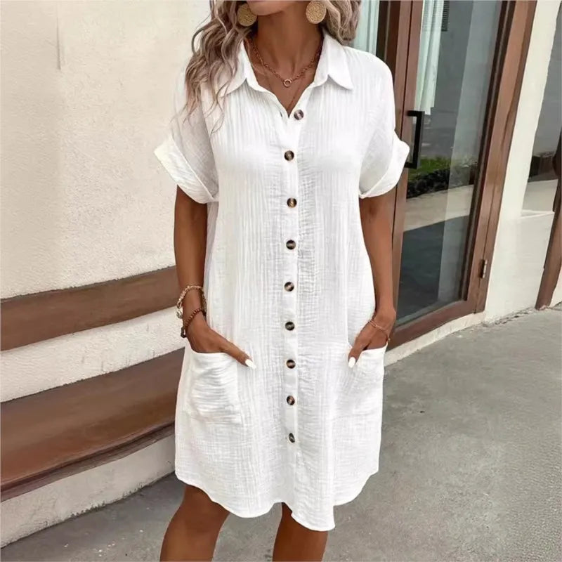Textured Button Down Short Sleeve Patch Pocket Shirt Dress - View 3