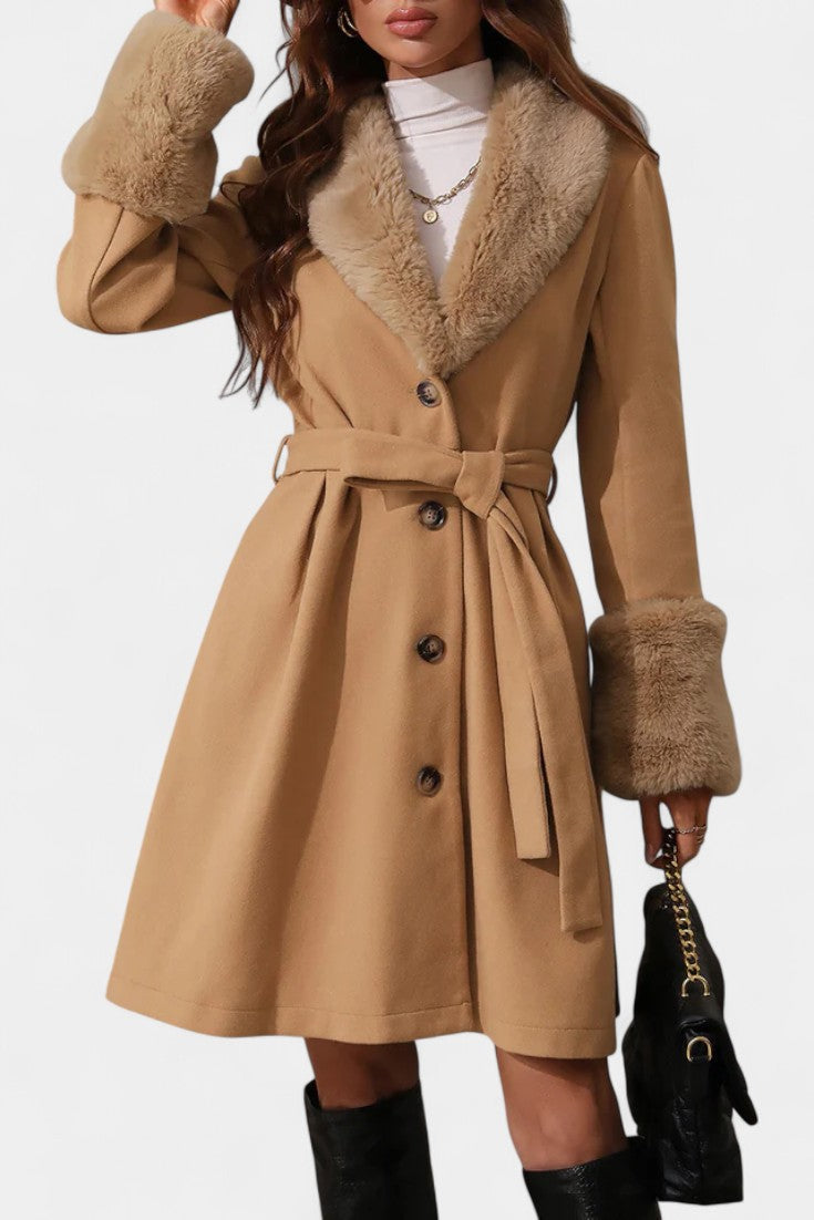 Faux Fur Collar Belted Wool Look Coat 9