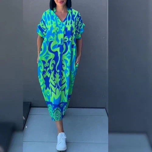 Baroque Print V-Neck Short Sleeve Oversized Midi Dress Summer 4