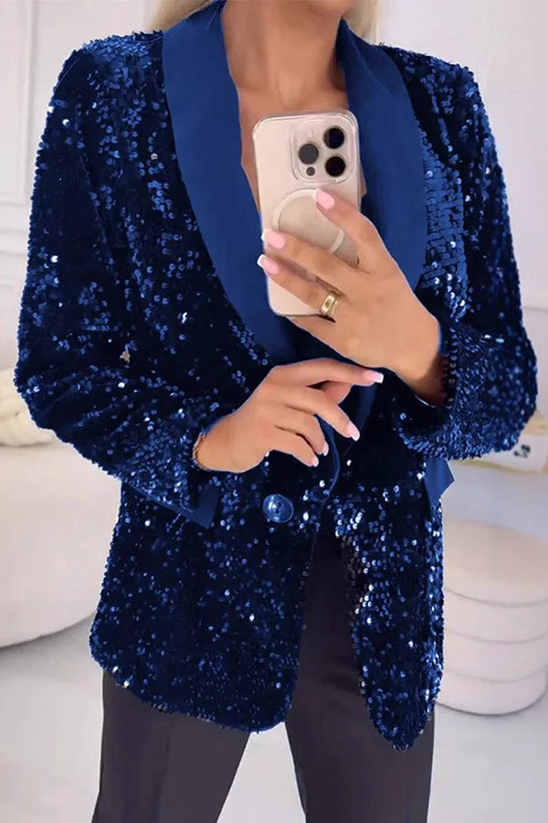 Sequin Shawl Collar Single Button Blazer 3