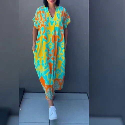 Baroque Print V-Neck Short Sleeve Oversized Midi Dress Summer 2