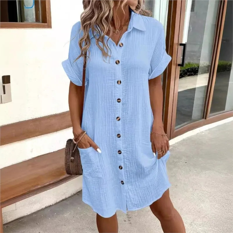 Textured Button Down Short Sleeve Patch Pocket Shirt Dress - View 5
