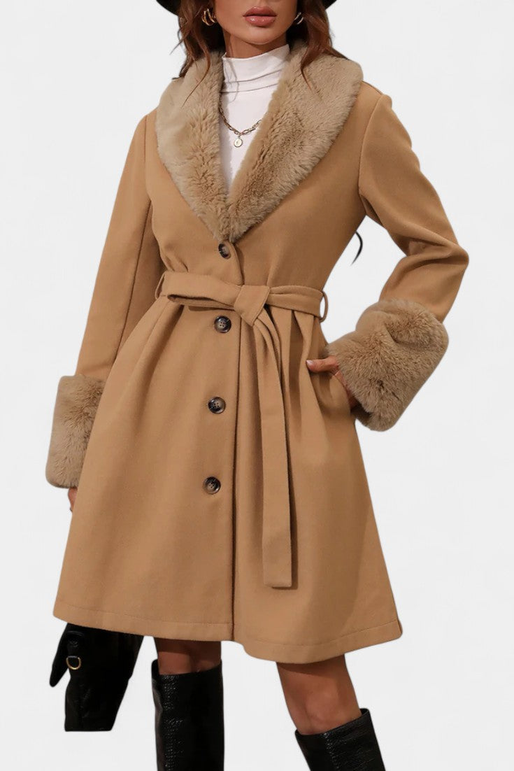 Faux Fur Collar Belted Wool Look Coat 7