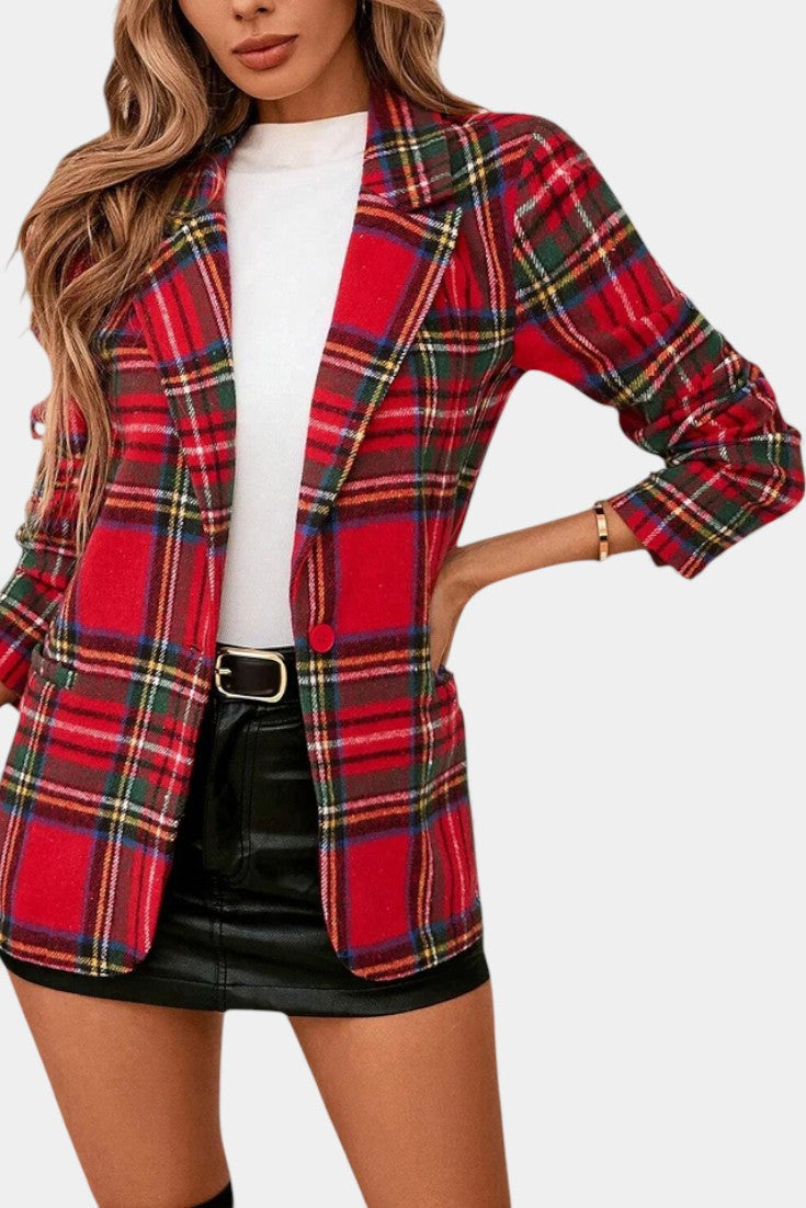 Plaid Notched Lapel Single Button Long Sleeve Blazer