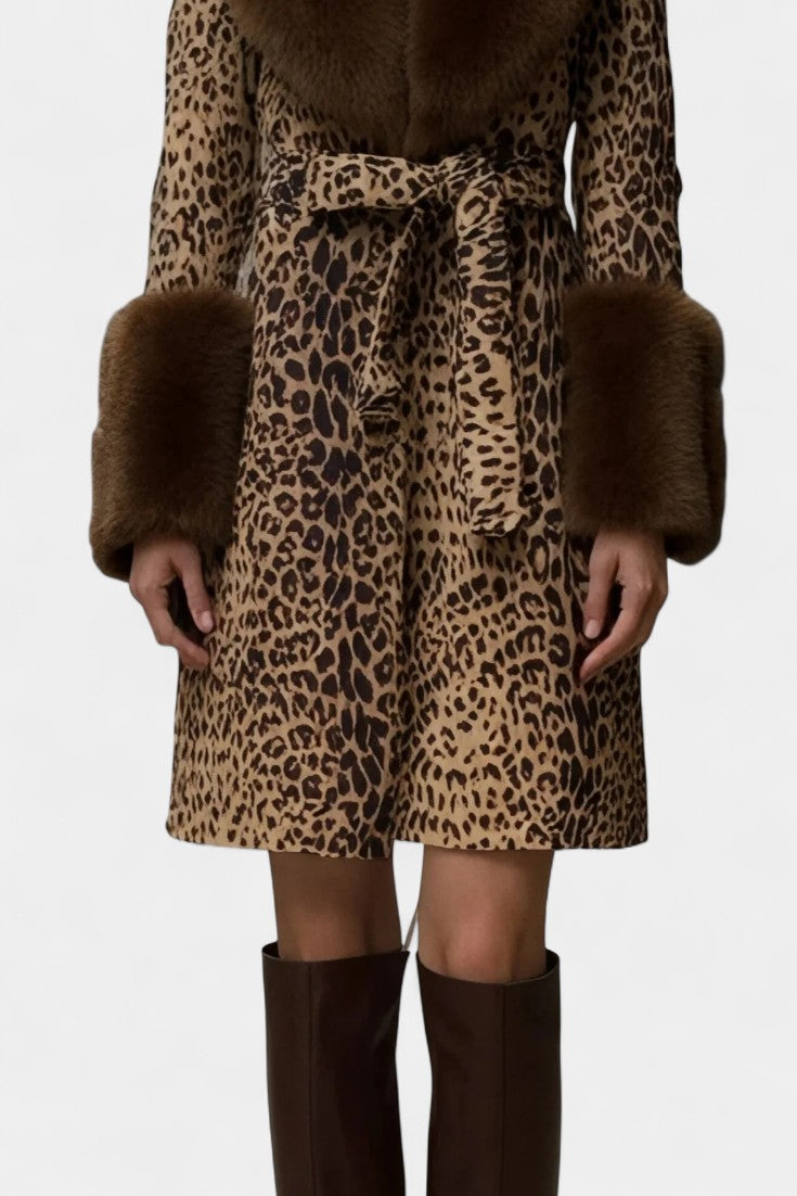 Leopard Print Faux Fur Collar Belted Coat 3