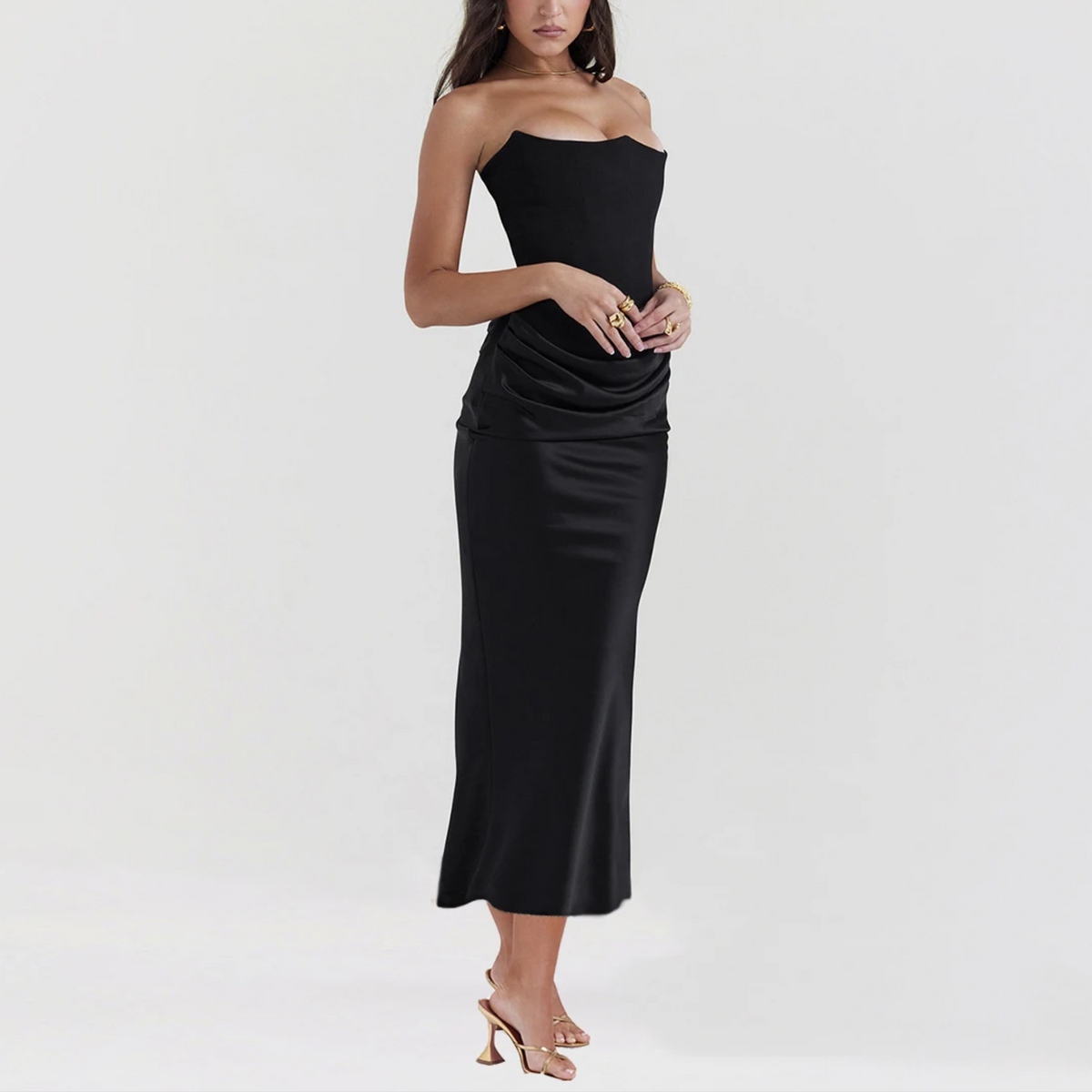 Viviana - Black Strapless Faux Suede Corset & Satin Dress - View 2