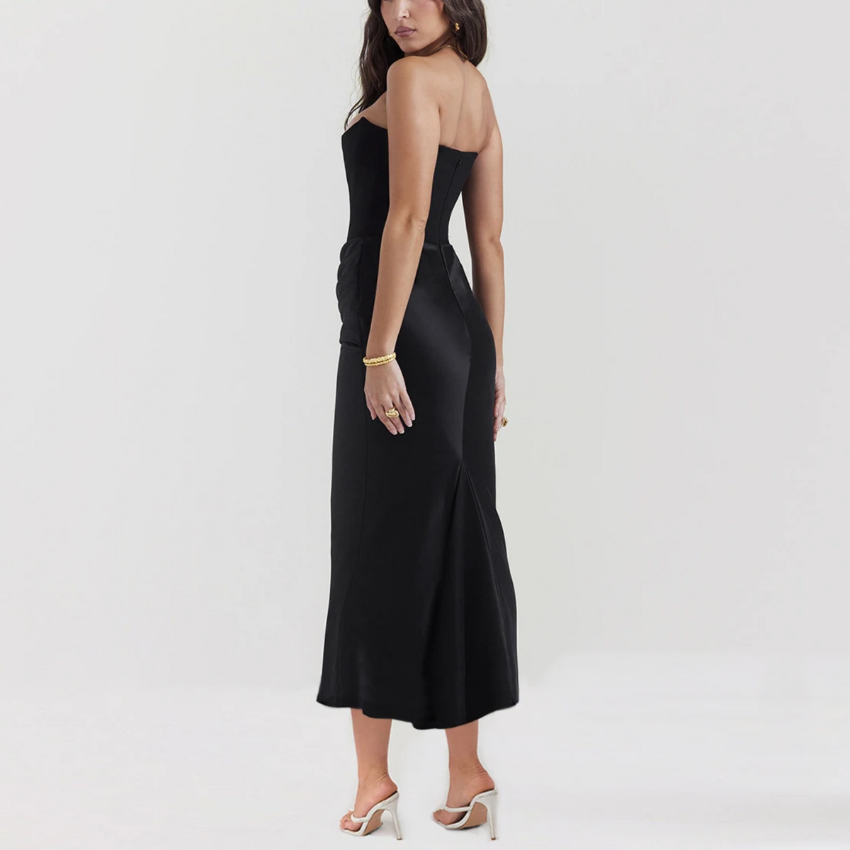 Viviana - Black Strapless Faux Suede Corset & Satin Dress - View 3