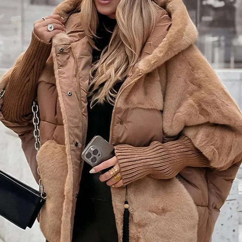 Faux Fur Hooded Puffer Jacket with Ribbed Knit Sleeves