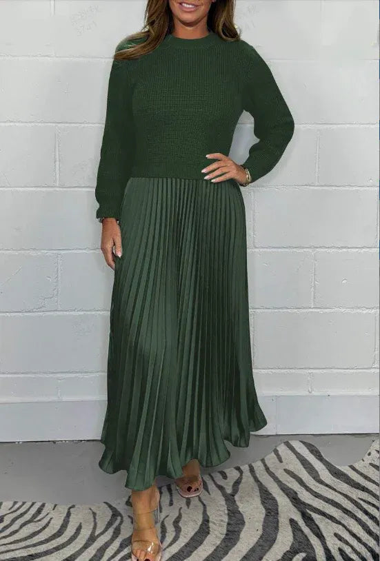 Crew Neck Long Sleeve Ribbed Knit Top Pleated Maxi Dress 6