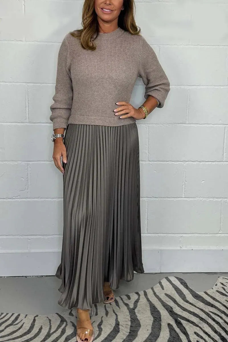 Crew Neck Long Sleeve Ribbed Knit Top Pleated Maxi Dress 10