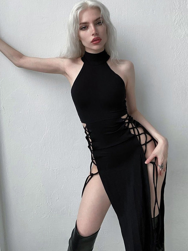 Hollow out sleeveless lace up slit solid maxi dress - View 2