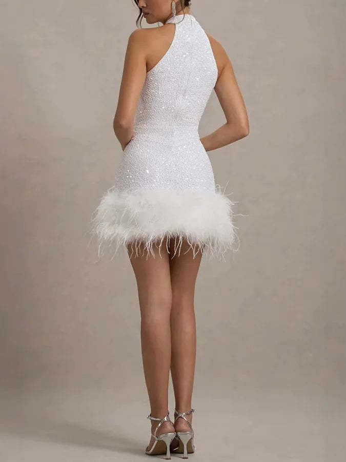 Sequin Halter Neck Feather Trim A-Line Mini Dress - View 4