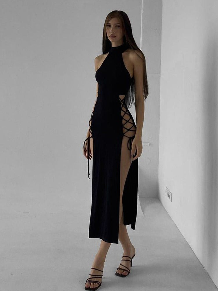 Hollow out sleeveless lace up slit solid maxi dress - View 6