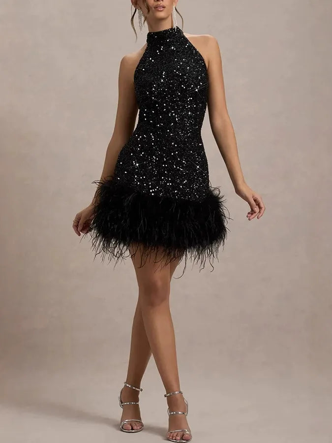 Sequin Halter Neck Feather Trim A-Line Mini Dress - View 5