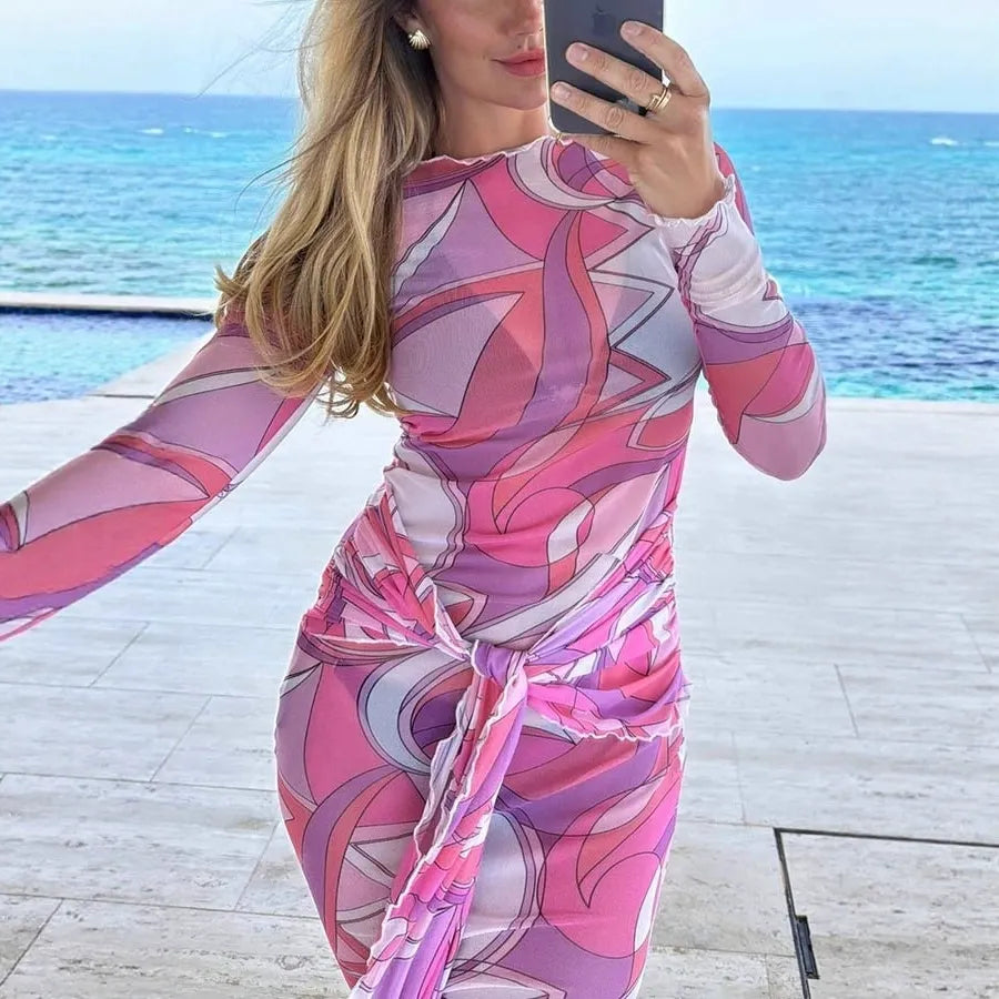Gypsy Girl Mesh Unique Print Wide Neck Long Sleeve Stretch Maxi Dress - View 2