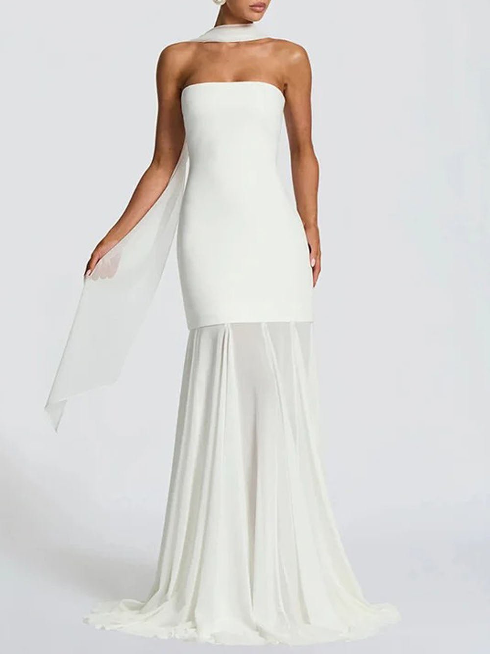 Strapless Dropped Waist Pleated Mermaid Maxi Gown - View 3