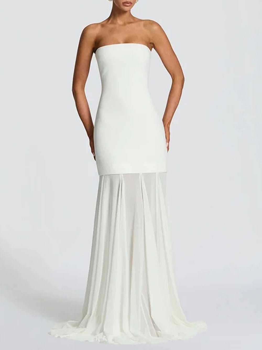 Strapless Dropped Waist Pleated Mermaid Maxi Gown