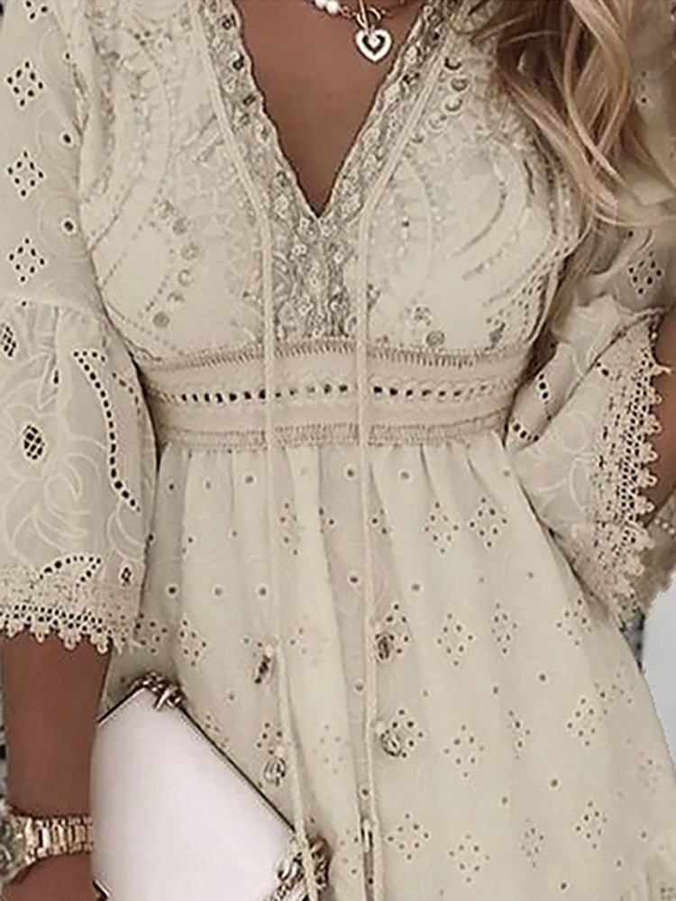 Eyelet Deep V-Neck Bell Sleeve Empire Waist Tiered Mini Dress - View 4