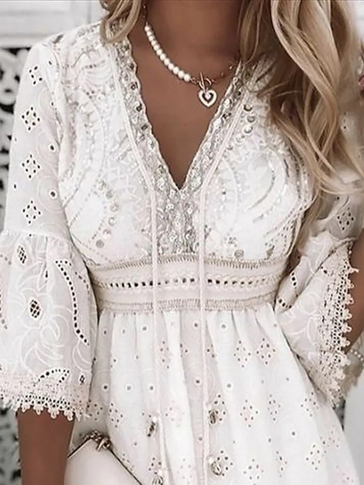 Eyelet Deep V-Neck Bell Sleeve Empire Waist Tiered Mini Dress - View 2