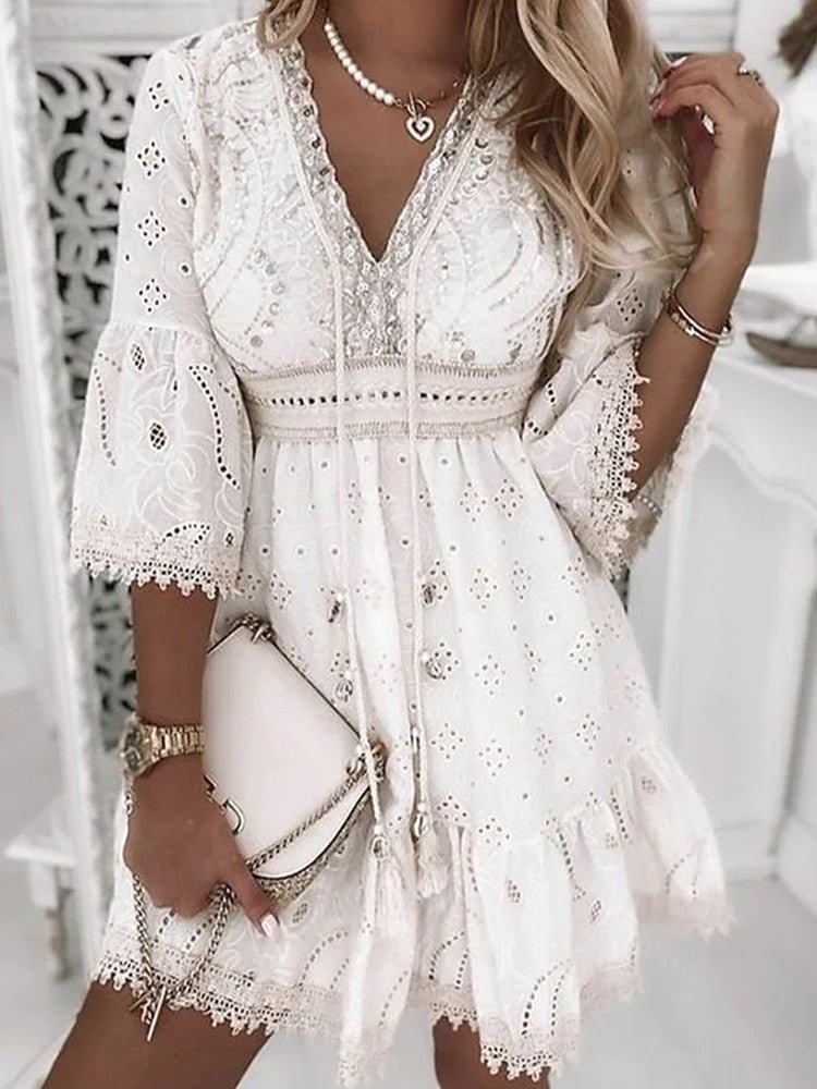 Eyelet Deep V-Neck Bell Sleeve Empire Waist Tiered Mini Dress - View 6