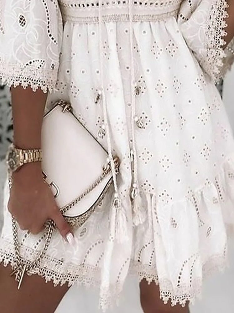 Eyelet Deep V-Neck Bell Sleeve Empire Waist Tiered Mini Dress - View 3