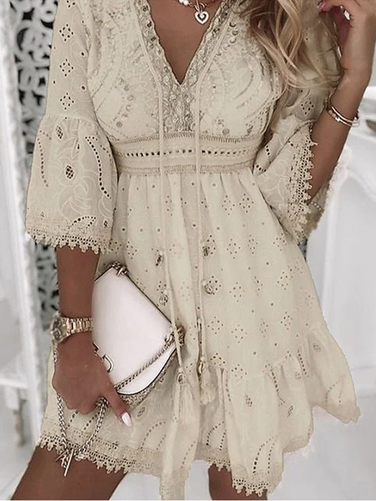 Eyelet Deep V-Neck Bell Sleeve Empire Waist Tiered Mini Dress - View 5