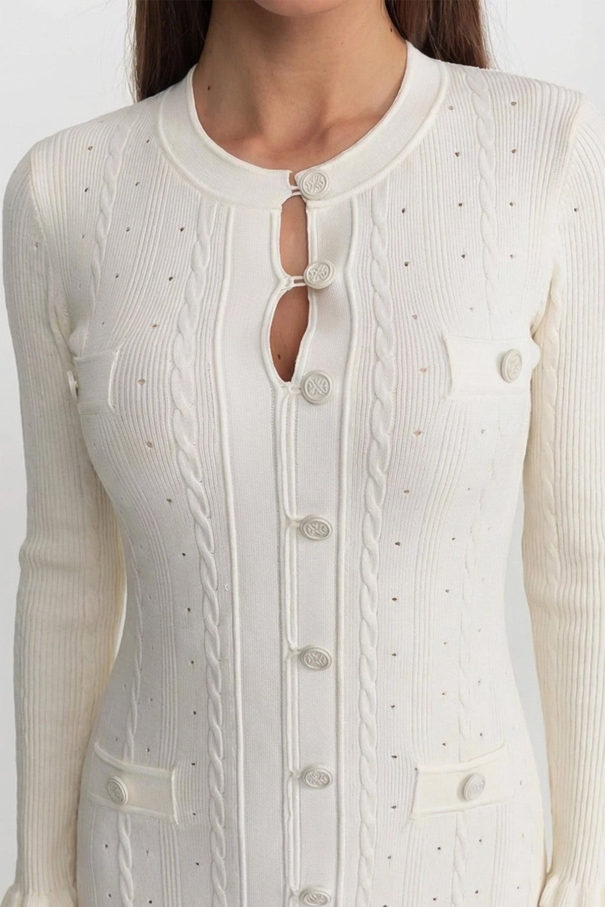 Knit Button-Front Midi Dress with Pointelle Detailing – Ivoire - View 3