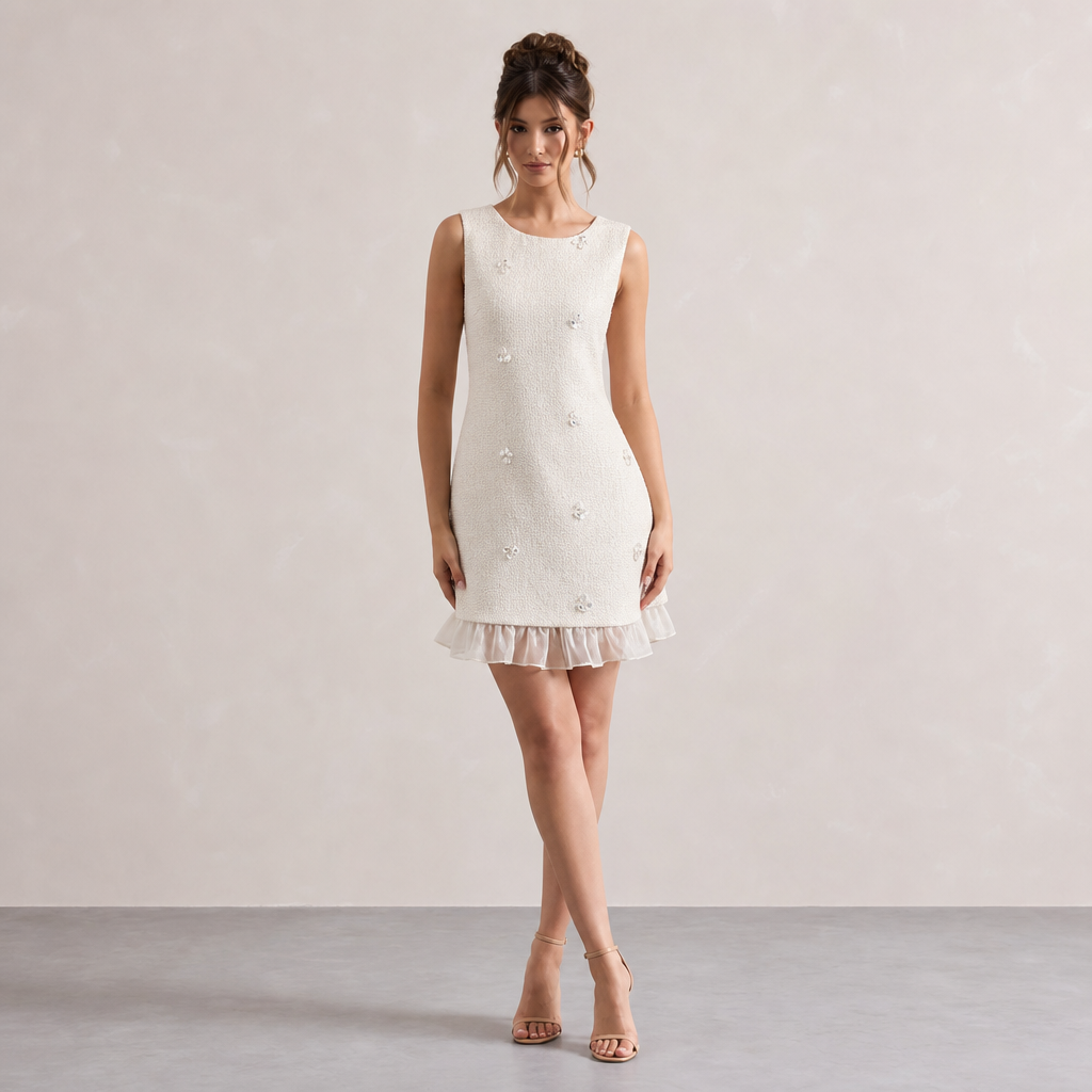 Tweed Sleeveless Round Neck Ruffle Hem Shift Mini Dress