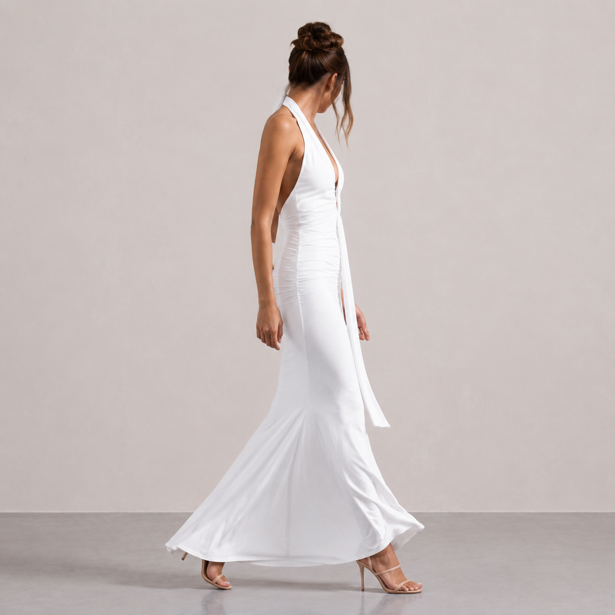 Plunge Halter Neck Ruched Draped Mermaid Maxi Gown 8