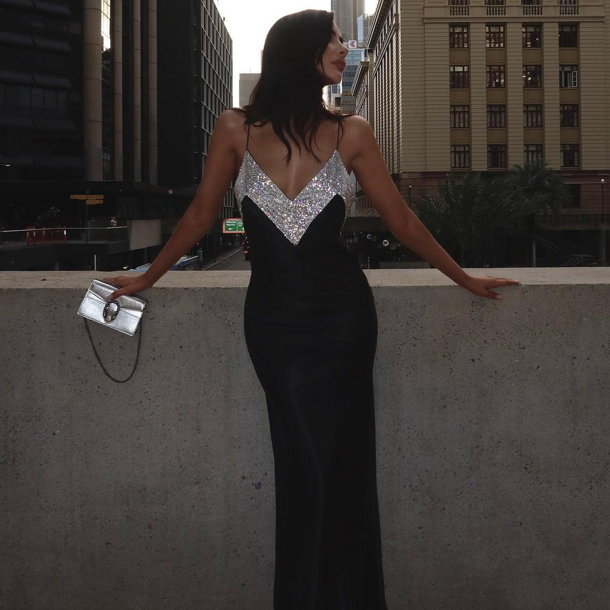 Satin Spaghetti Strap Deep V-Neck Rhinestone Slip Maxi Dress - View 3