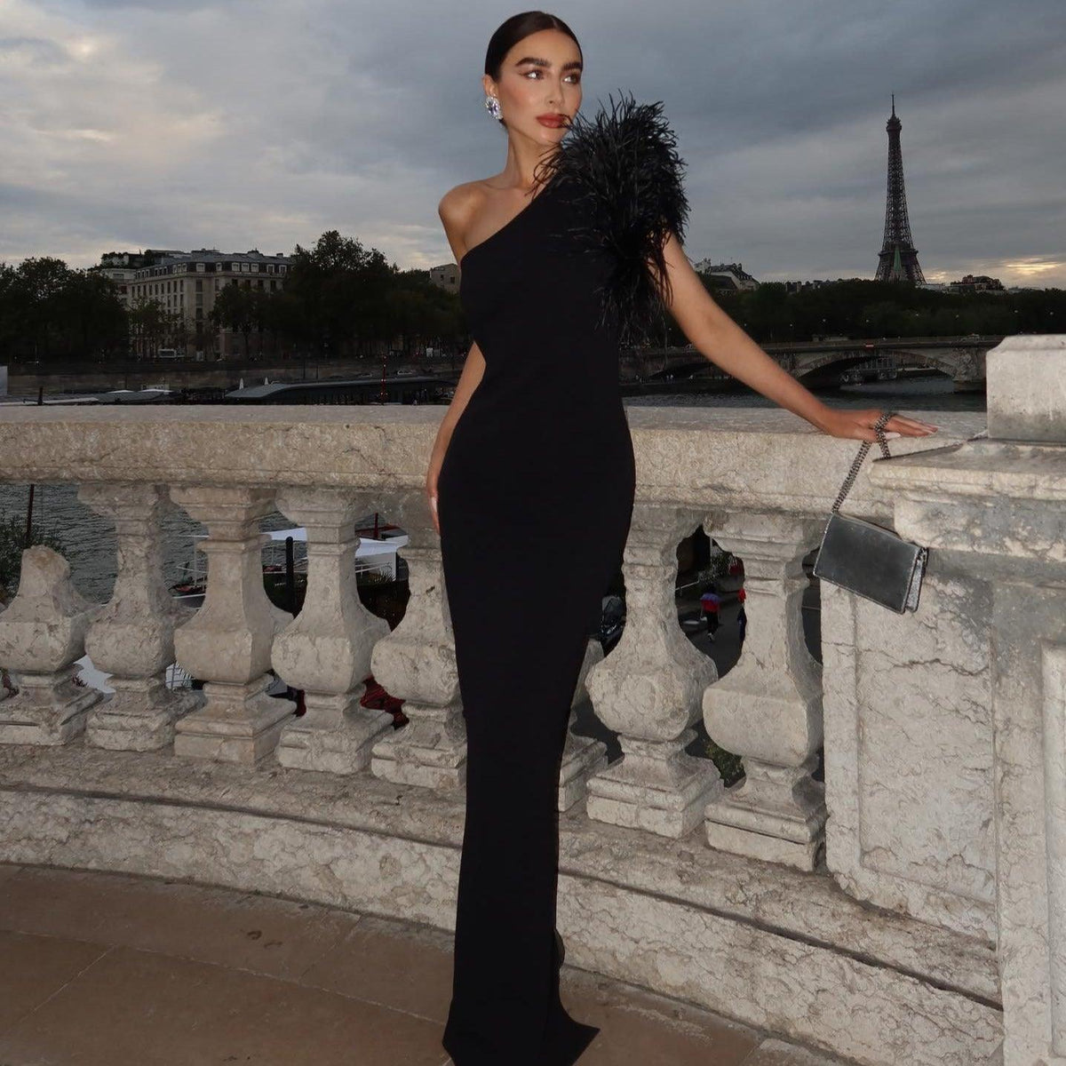 Dainty In The Dark Elegant One Shoulder Feather Maxi Dress - View 3