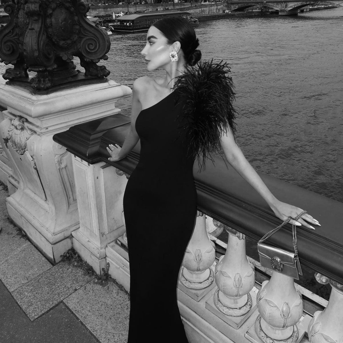 Dainty In The Dark Elegant One Shoulder Feather Maxi Dress - View 5