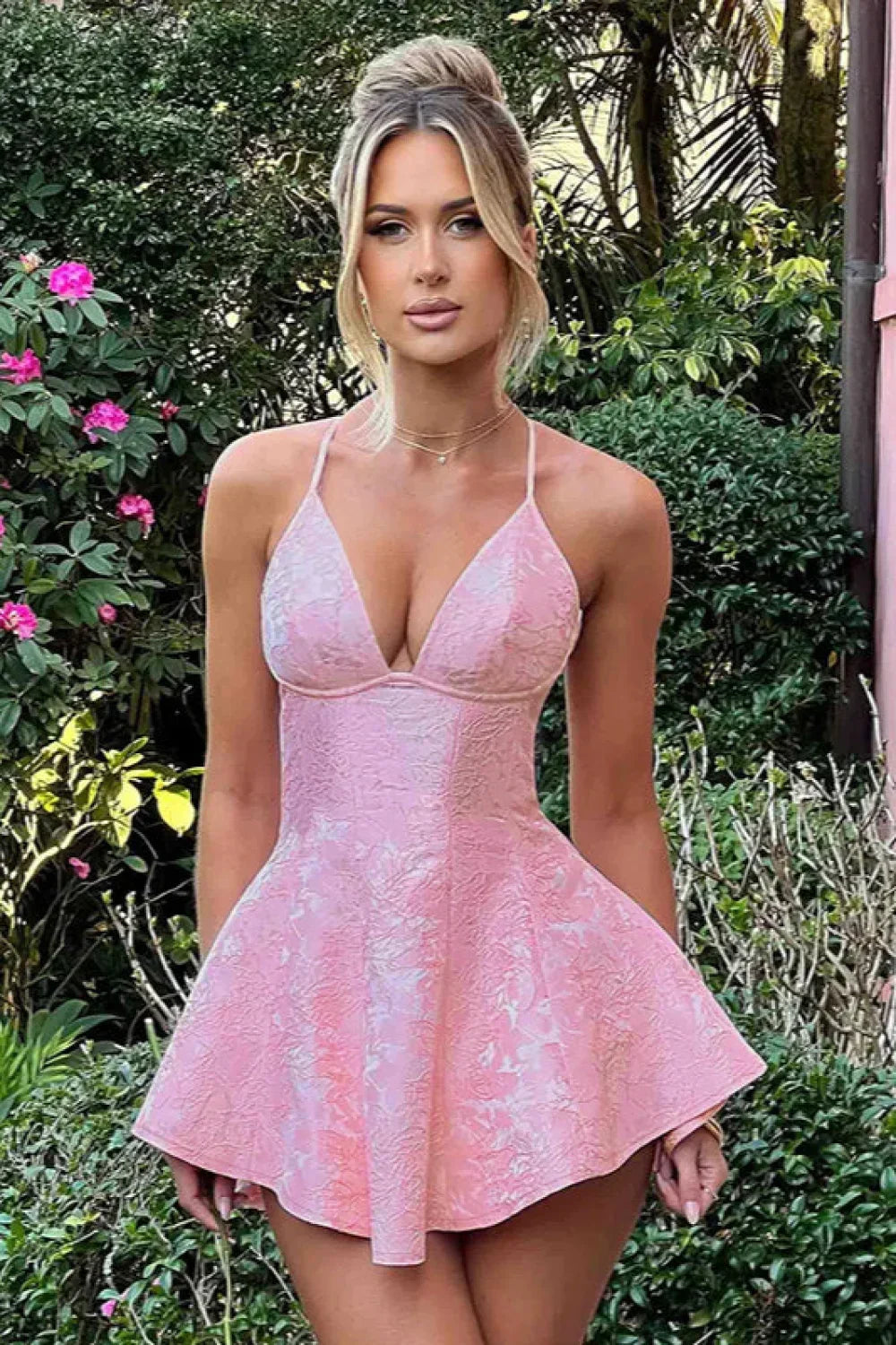 Jacquard Deep V Fitted A-Line Mini Dress
